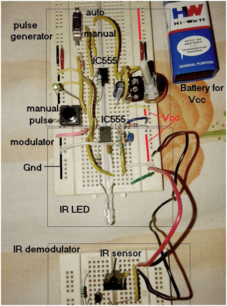 Diagrama de circuito DIY: transmitir e receber pulsos de baixa frequência usando modulador e demodulador IR