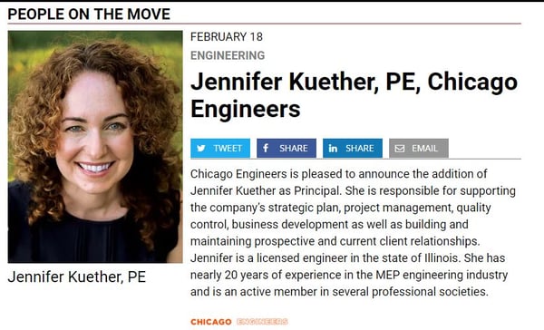 A diretora da Chicago Engineers, Jennifer Kuether, é apresentada na lista Crain's People on The Move