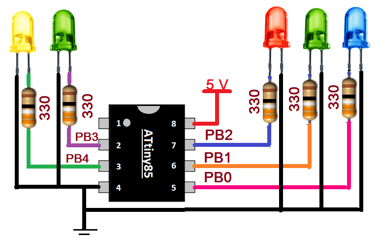 Tutoriais do microcontrolador ATtiny85, Parte 4: LED Chaser usando ATtiny85